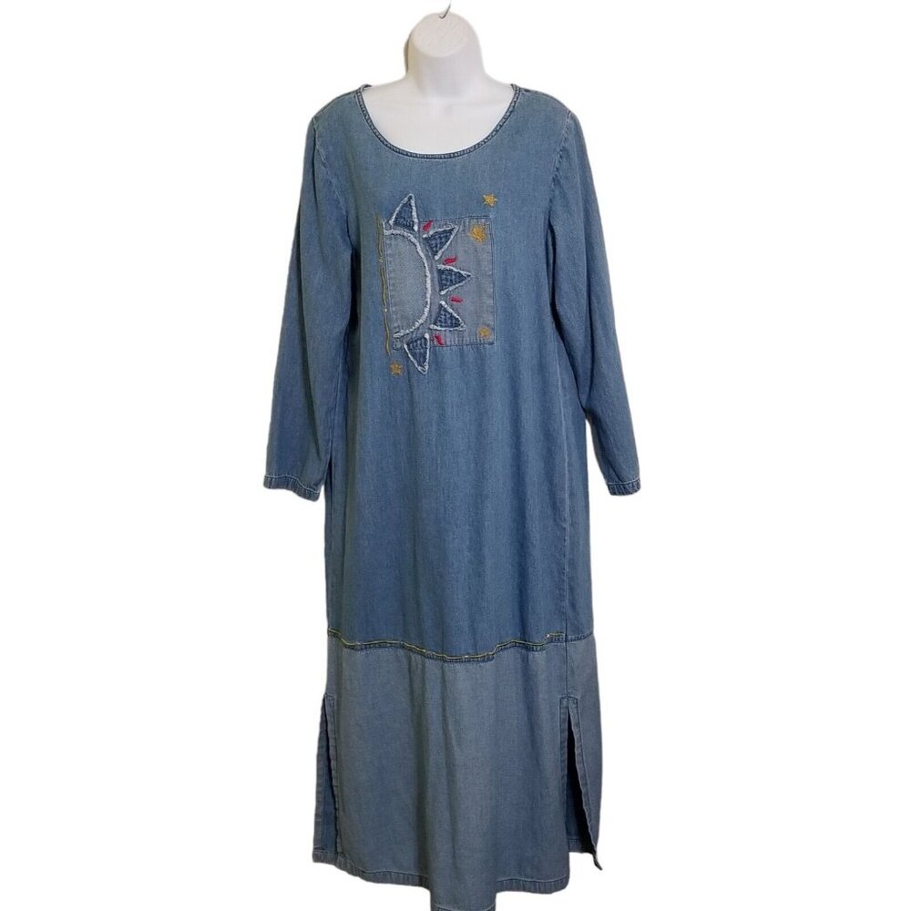 Vtg Bleu Bayou Dress Women's M Blue Chambray Maxi Cottagecore Sun Star Celestial